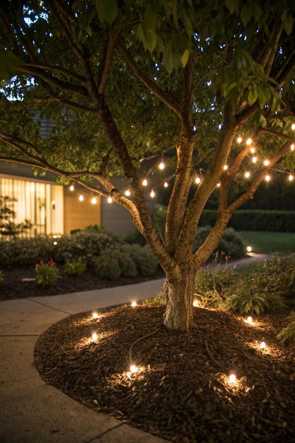 Mulch with lighting creates a magical night-time atmosphere.