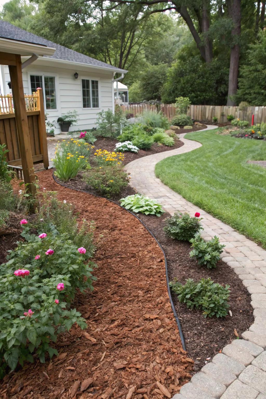 Distinct mulch borders create clear divisions in a well-organized backyard.