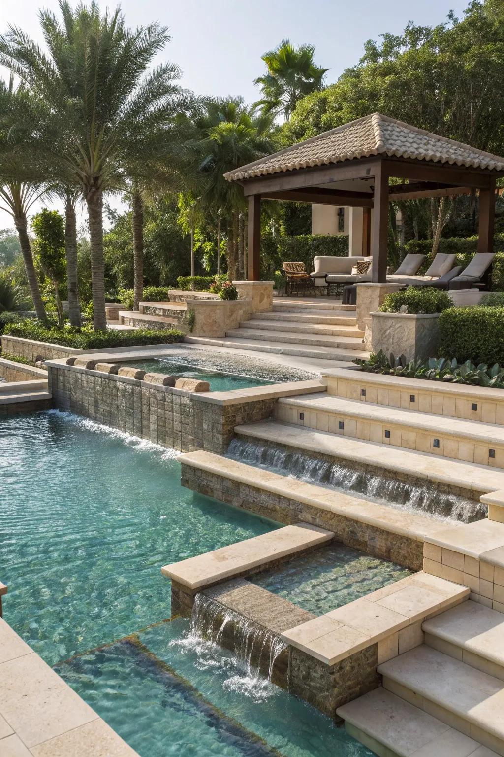 A multi-level pool with a sunken lounge offers versatile enjoyment.