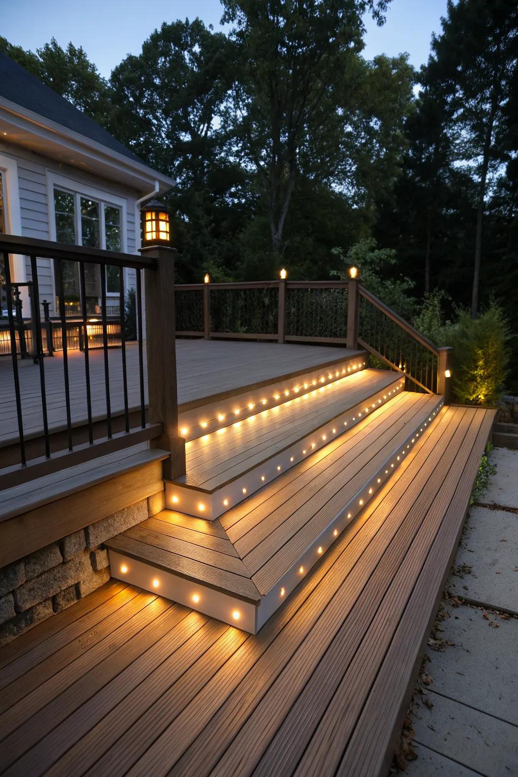 Integrated lighting transforms this deck into a magical nighttime space.