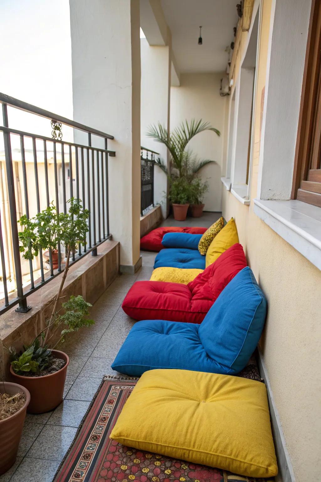 Floor cushions offer flexible seating solutions on balconies.