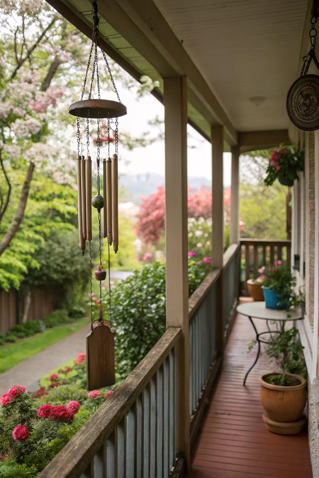 Wind chimes bring soothing sounds to a narrow porch.