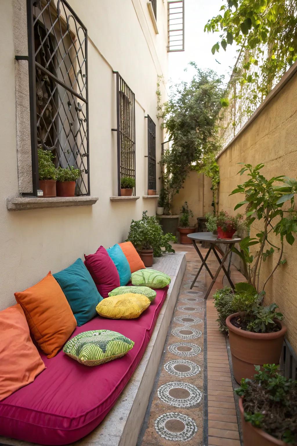 Colorful cushions on a narrow patio.