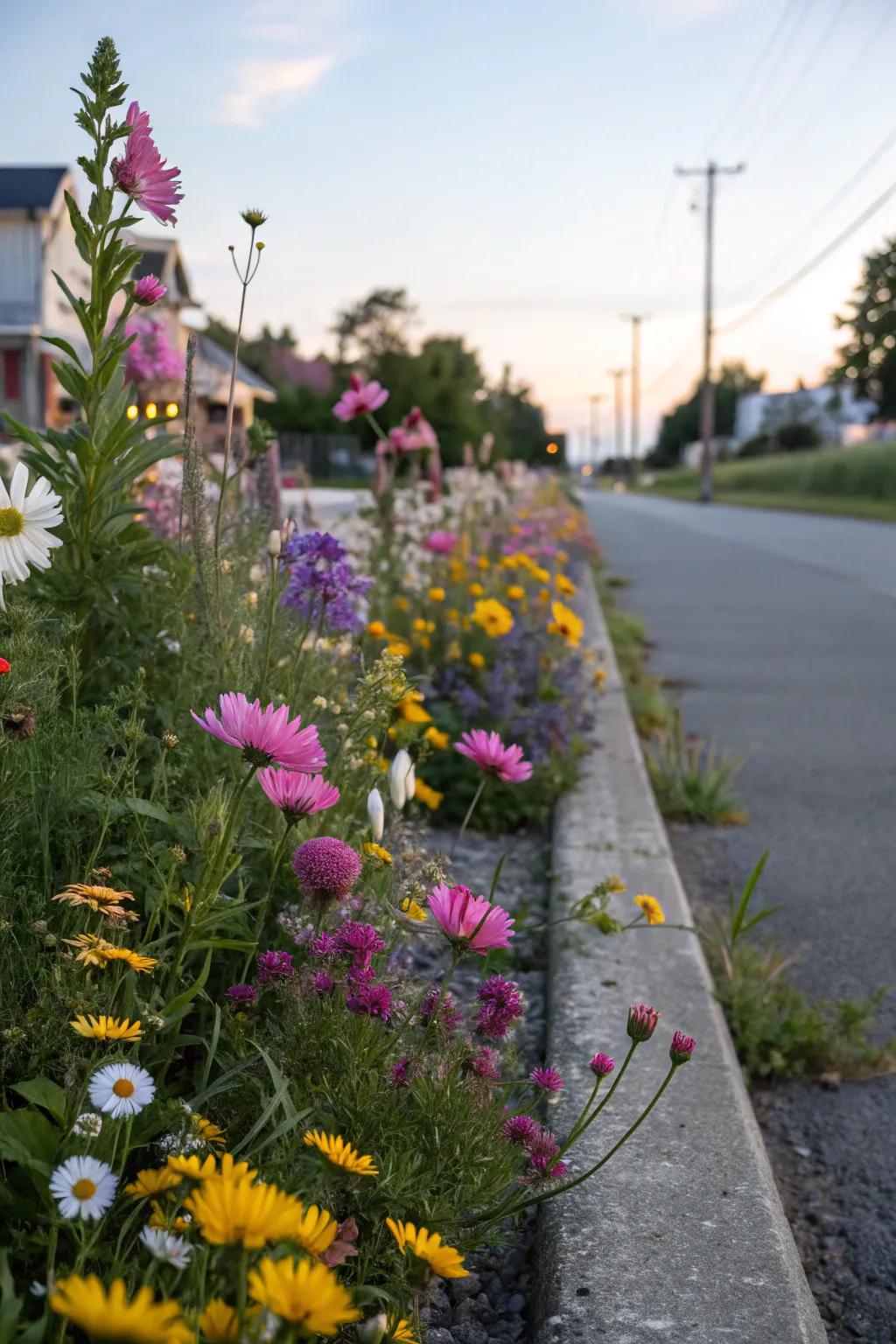 A variety of wildflowers create a meadow-like feel in this narrow strip.