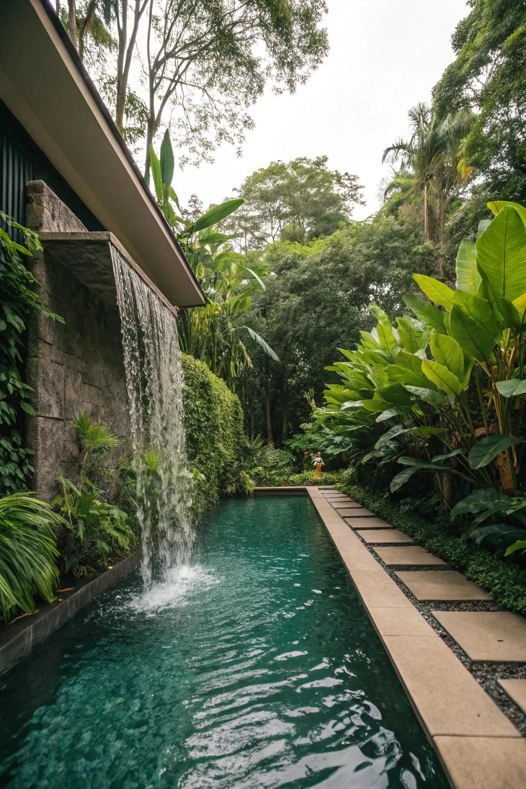 A narrow pool enhanced by a tranquil waterfall feature.