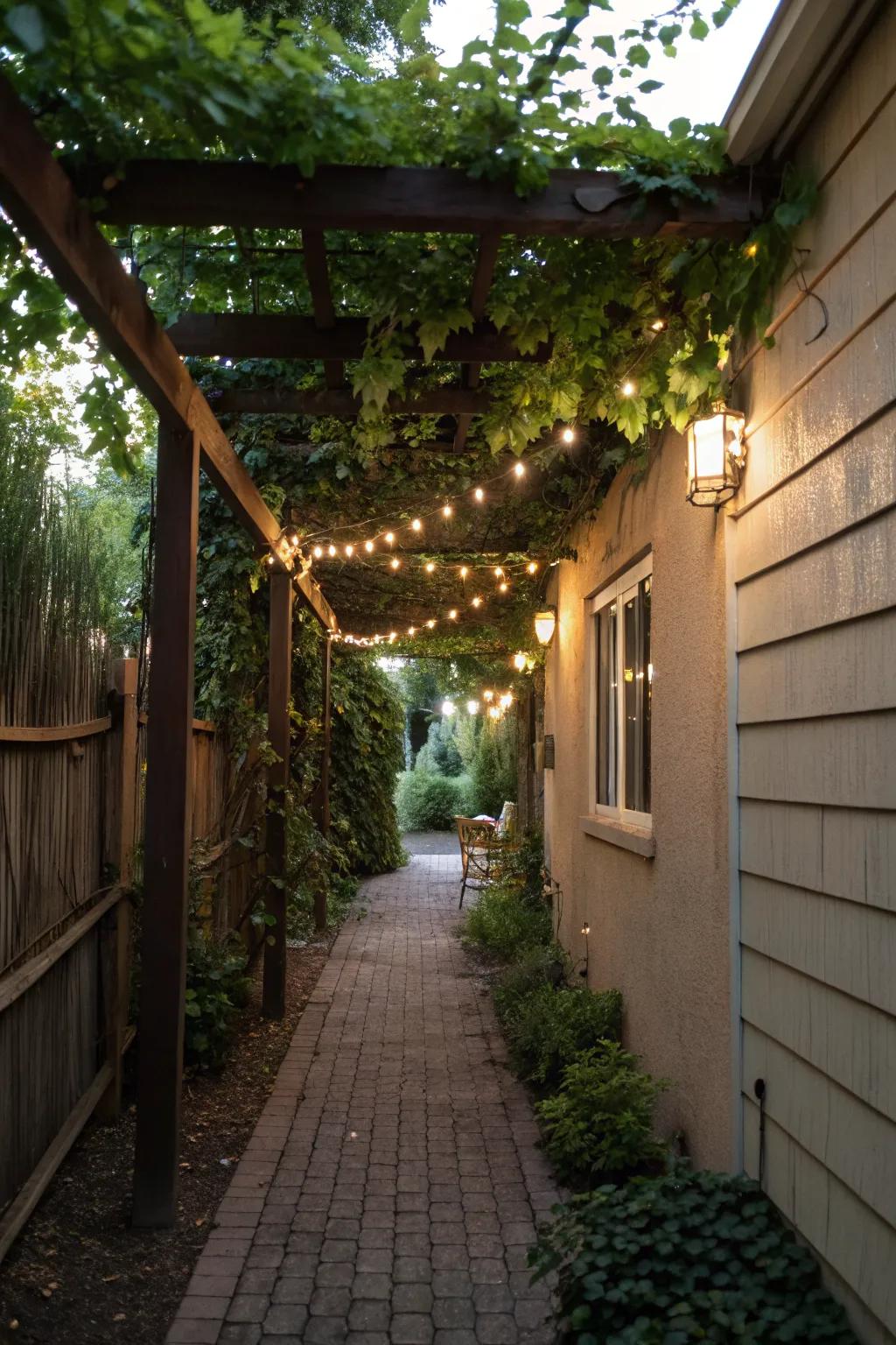 A pergola creates an inviting structure in a narrow space.