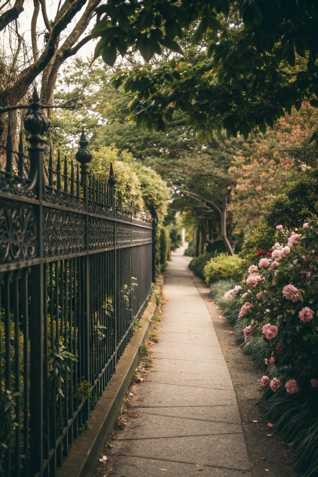 A narrow walkway bordered by a decorative fence adding to its charm.
