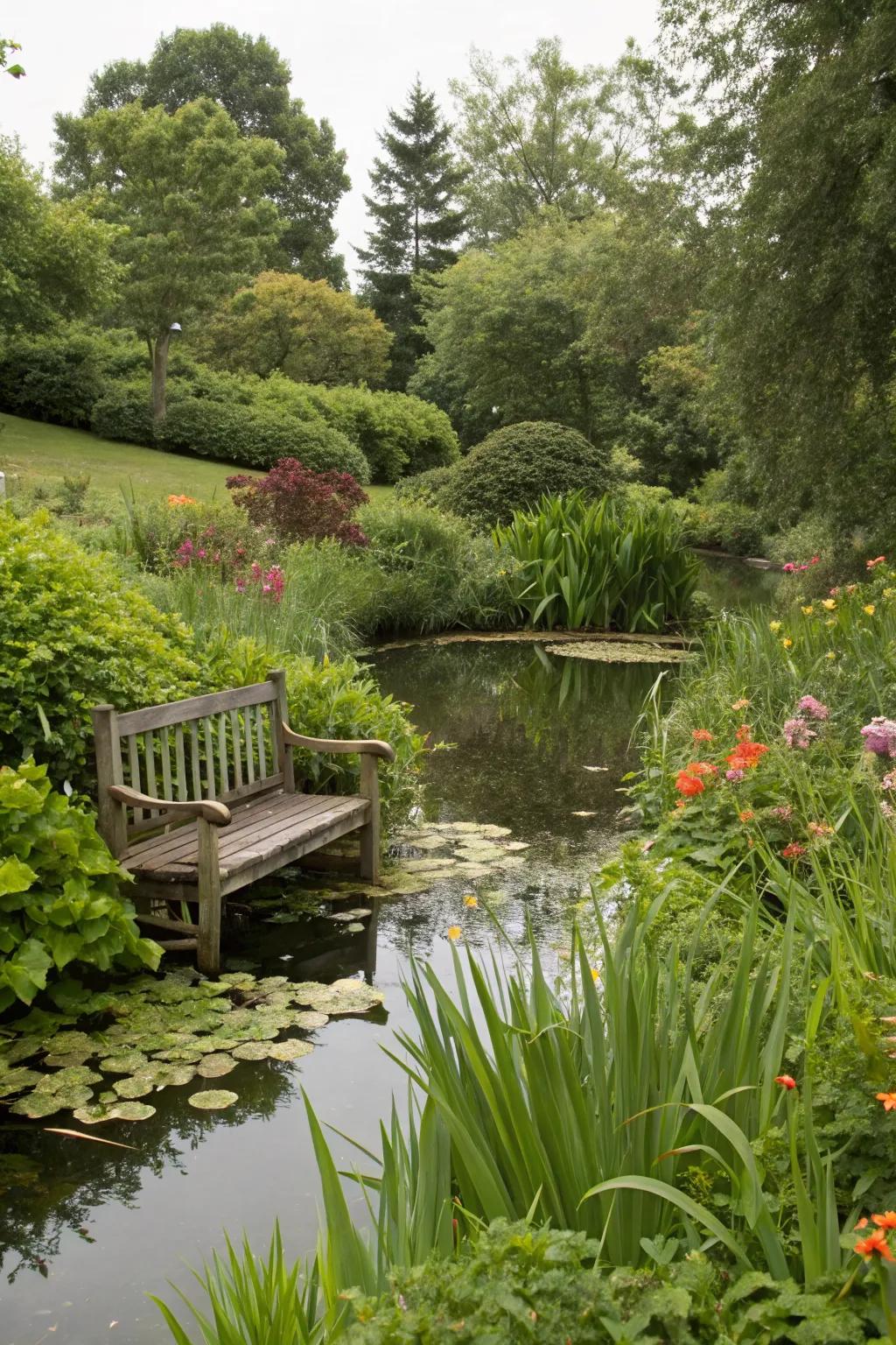 A hidden bench providing a peaceful spot by the pond.