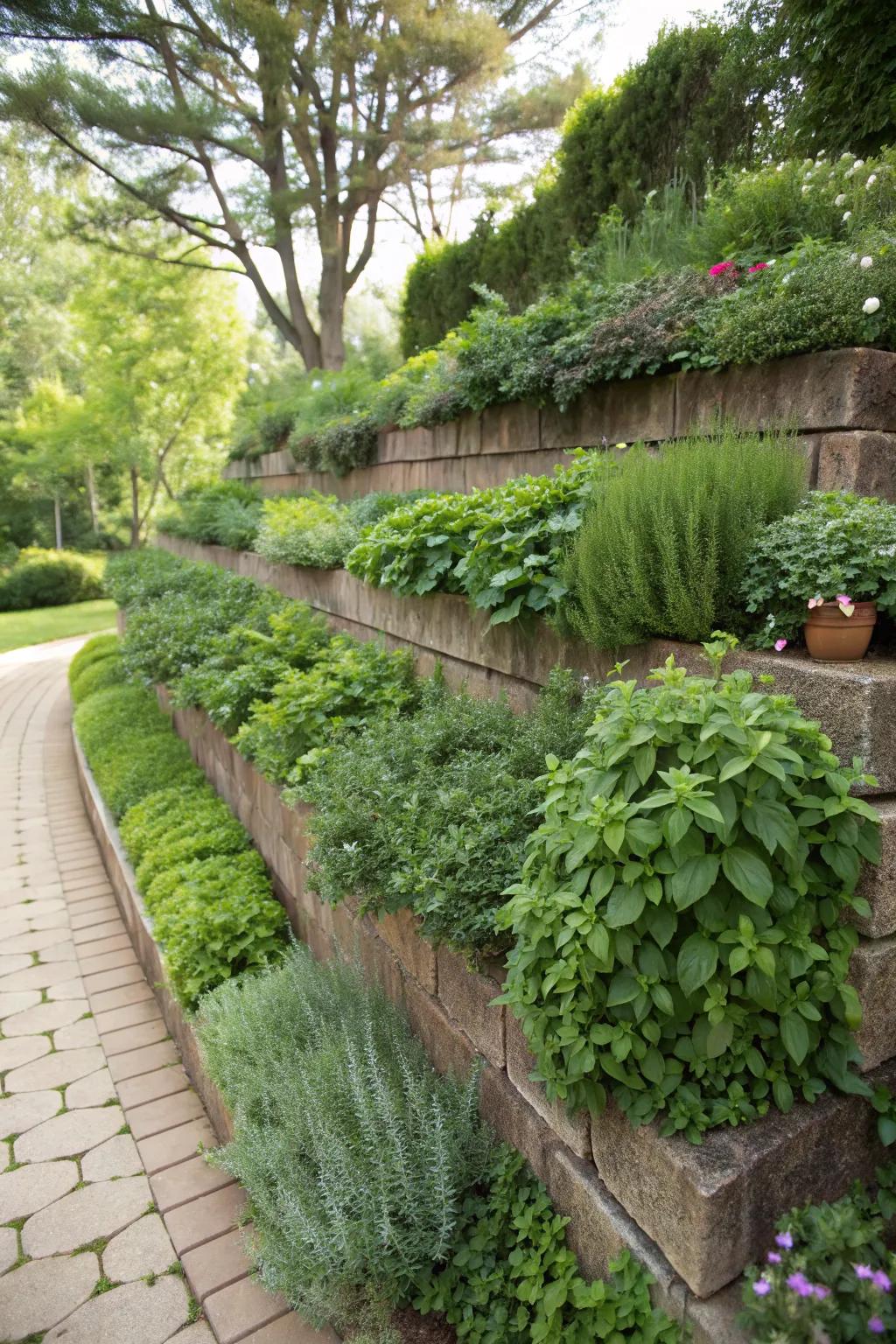 A functional and beautiful herb garden integrated into tiered walls.