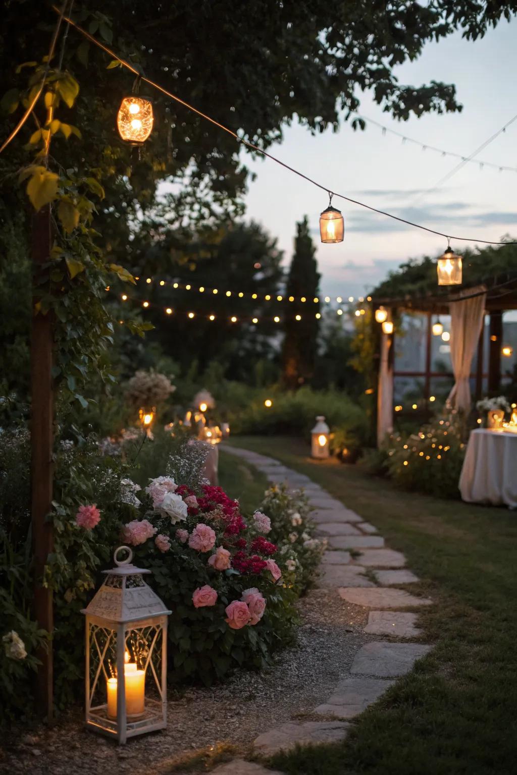 Soft lighting transforms the garden into a magical evening retreat.