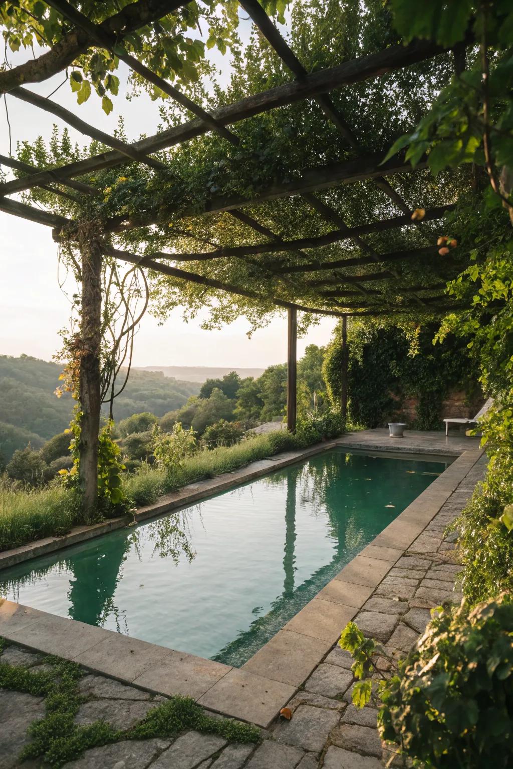 A natural swimming pool with a pergola wrapped in climbing plants, offering shade and charm.