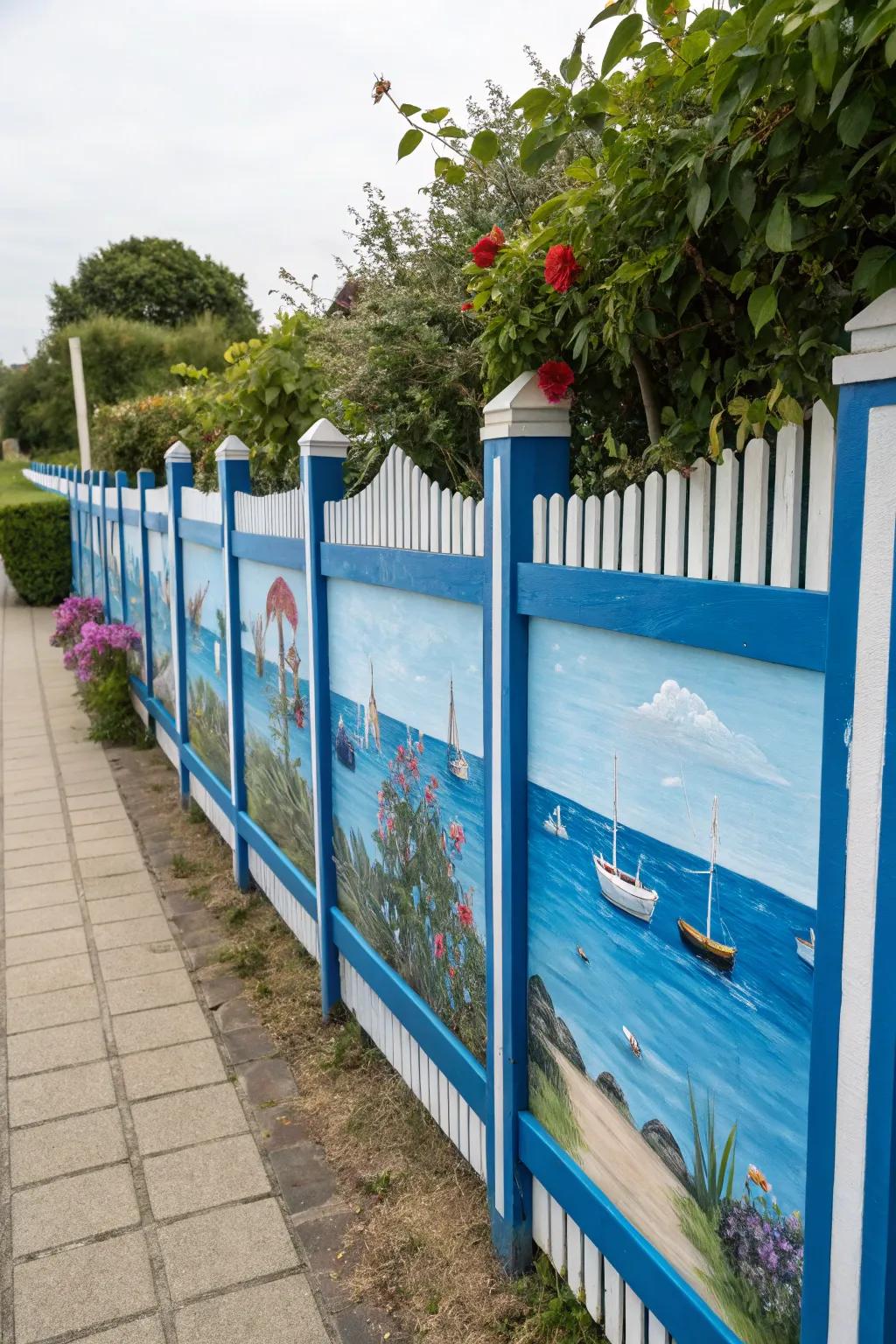 A nautical mural transforms a garden wall into a seaside scene.