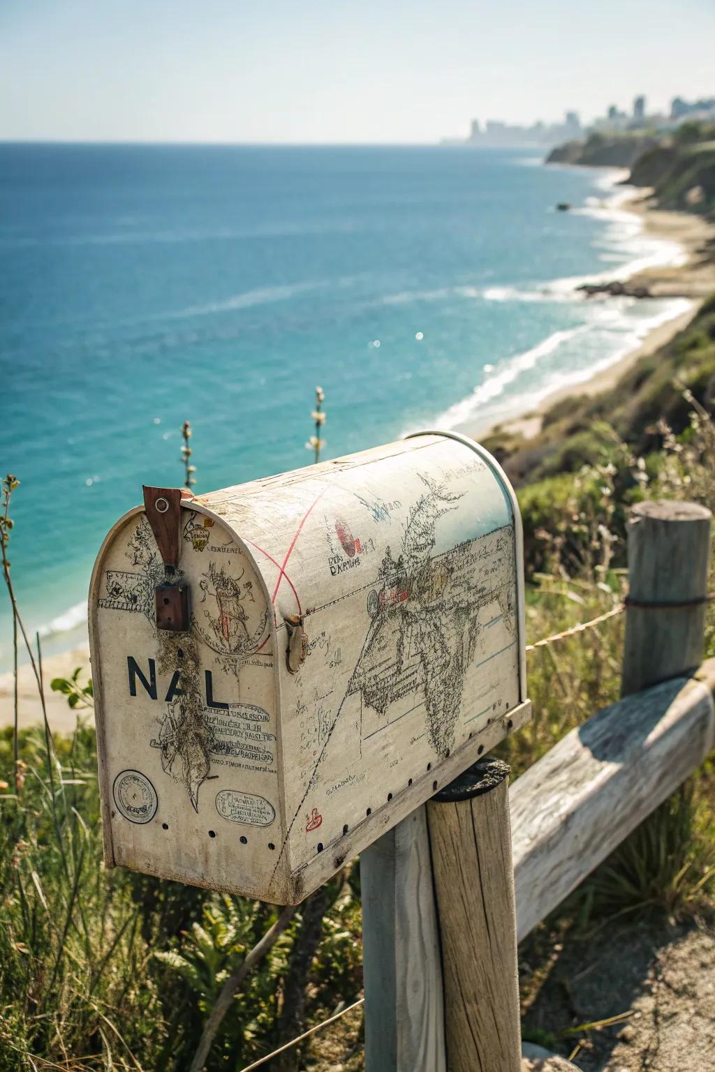 A mailbox wrapped with a vintage nautical map.
