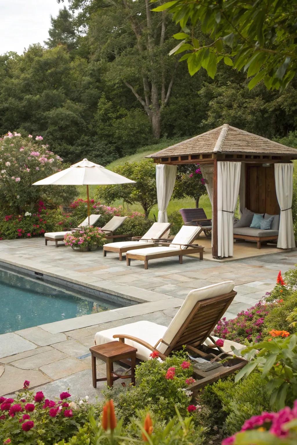 A luxurious poolside patio that's perfect for relaxing.