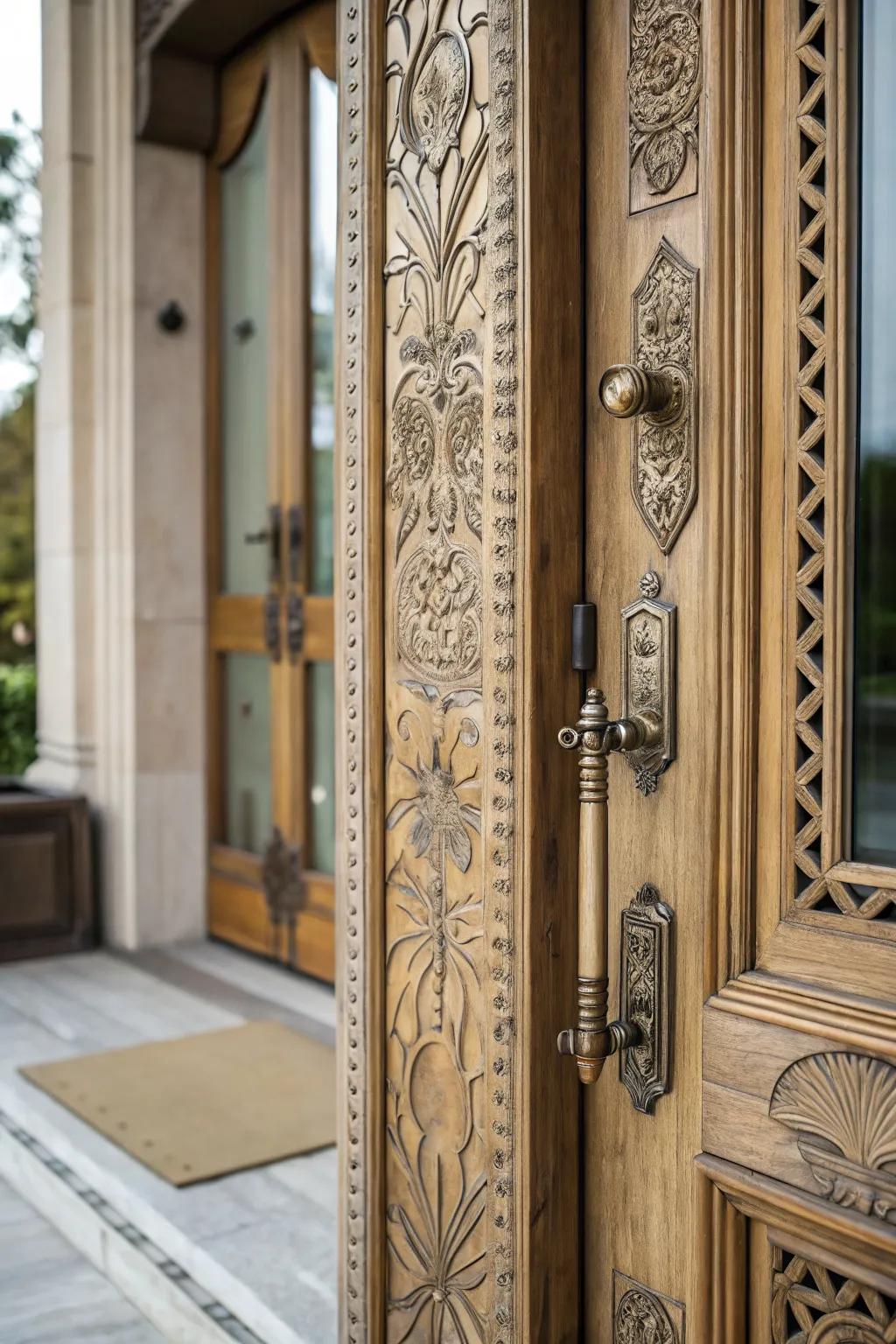 Artistic elements transform doors into art pieces.