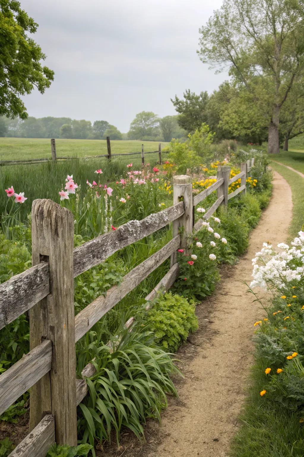A rustic rail fence adding traditional charm to a countryside garden.