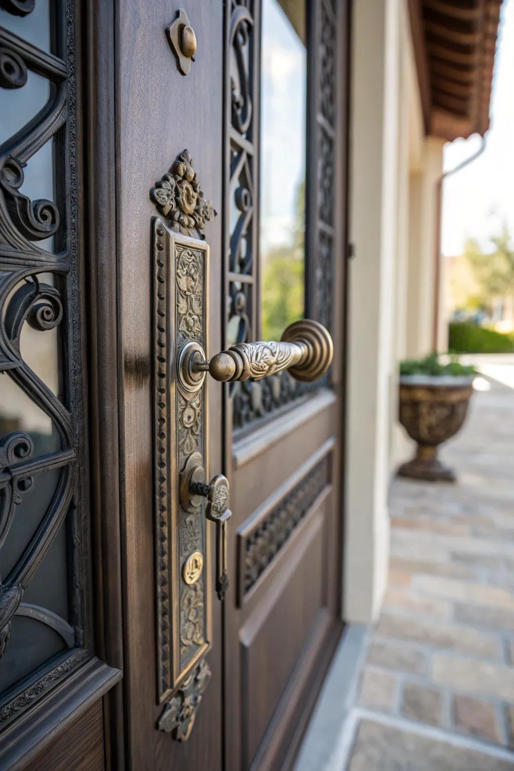 Artistic door hardware adds flair and interest.