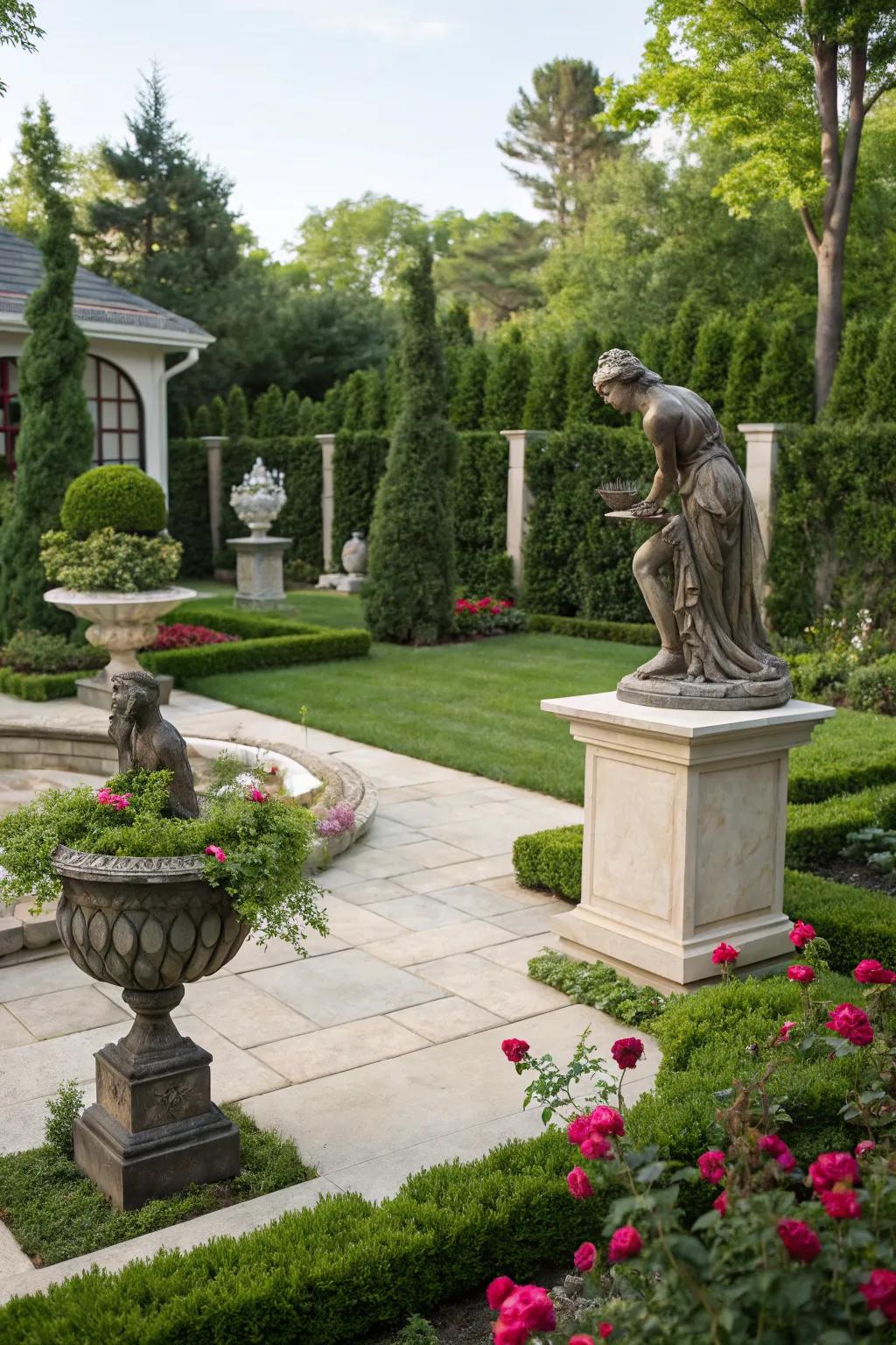 Sculptures add striking focal points to your garden.