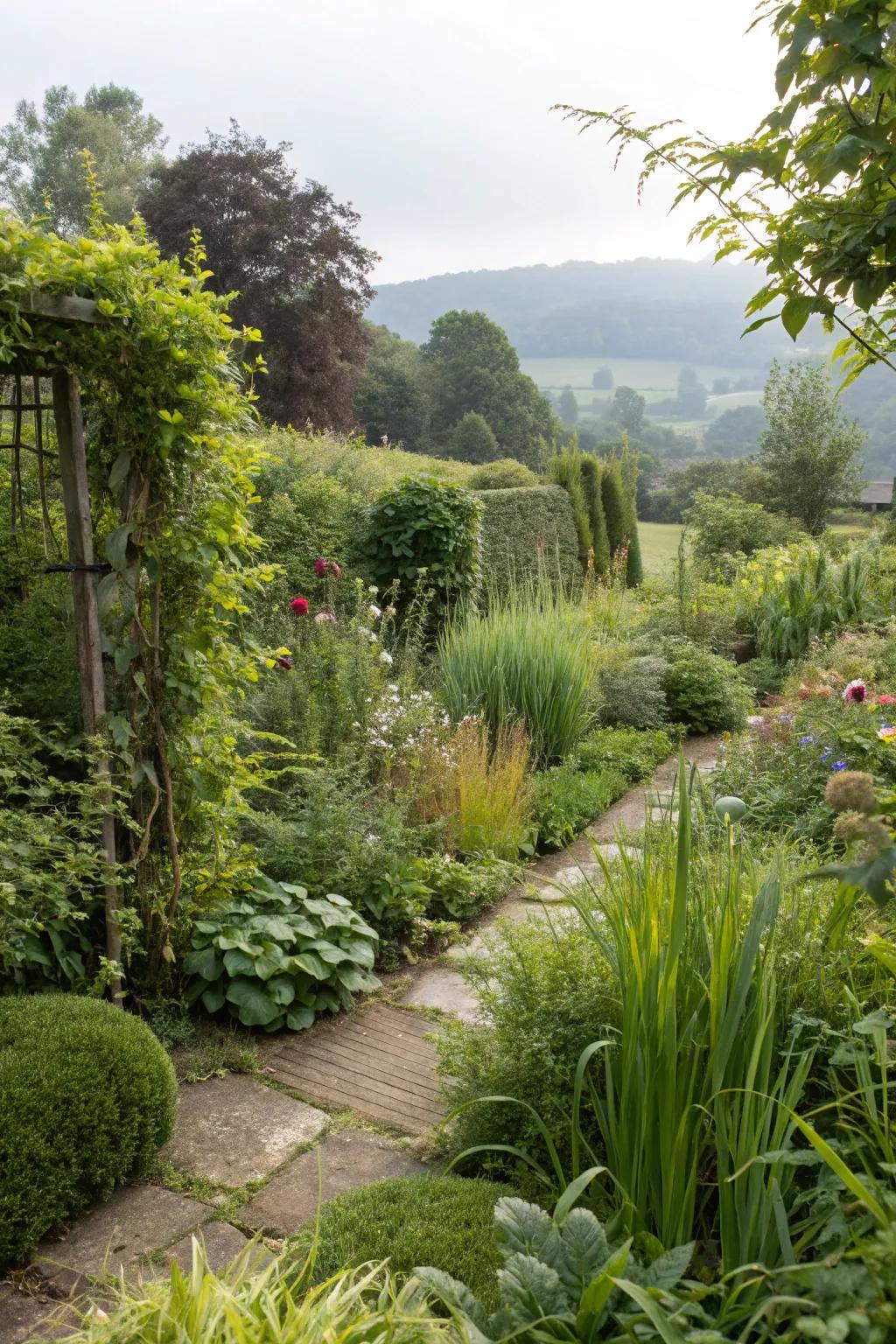 Tall plants create privacy and cozy corners.