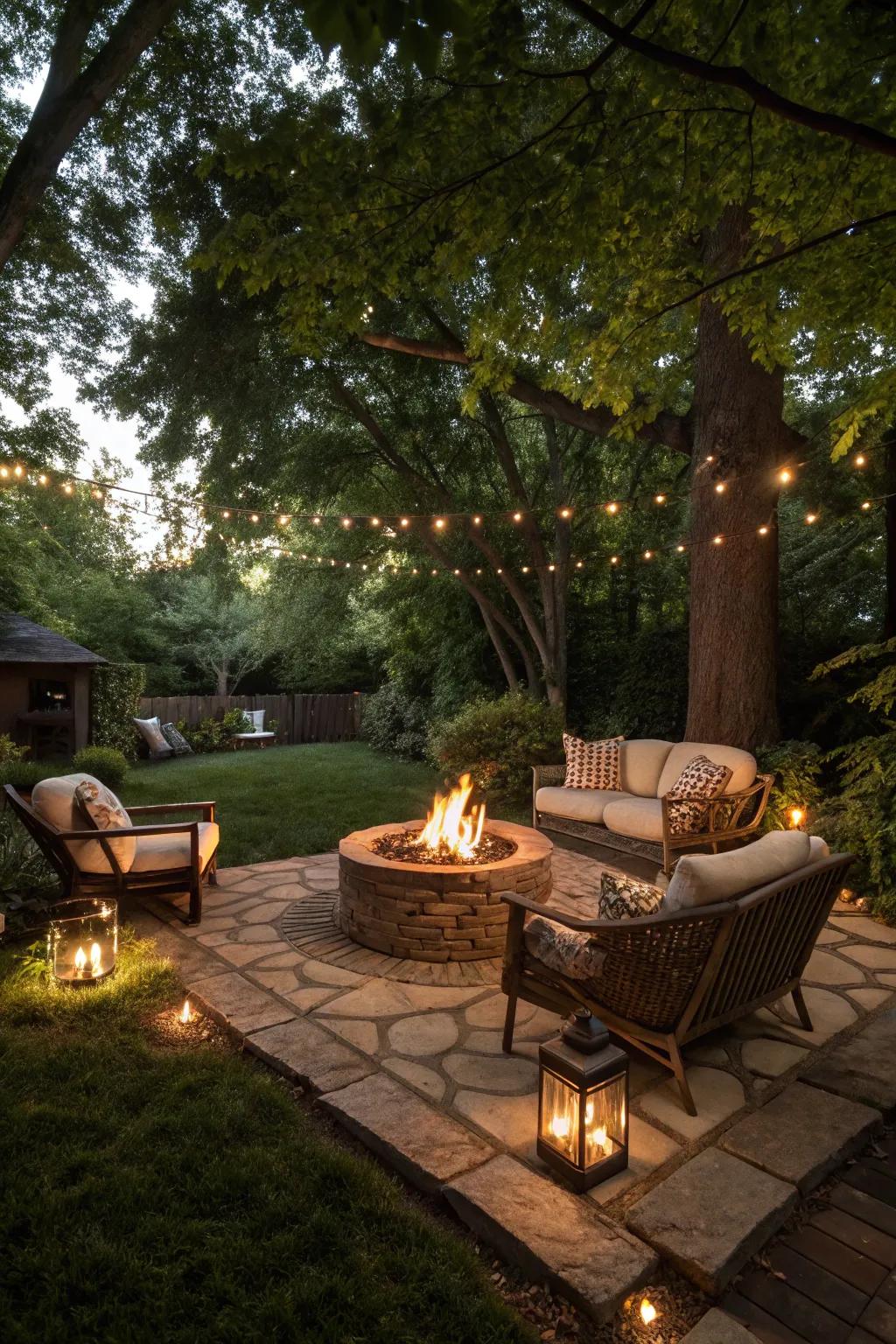 A cozy fire pit providing warmth and ambiance in a garden.