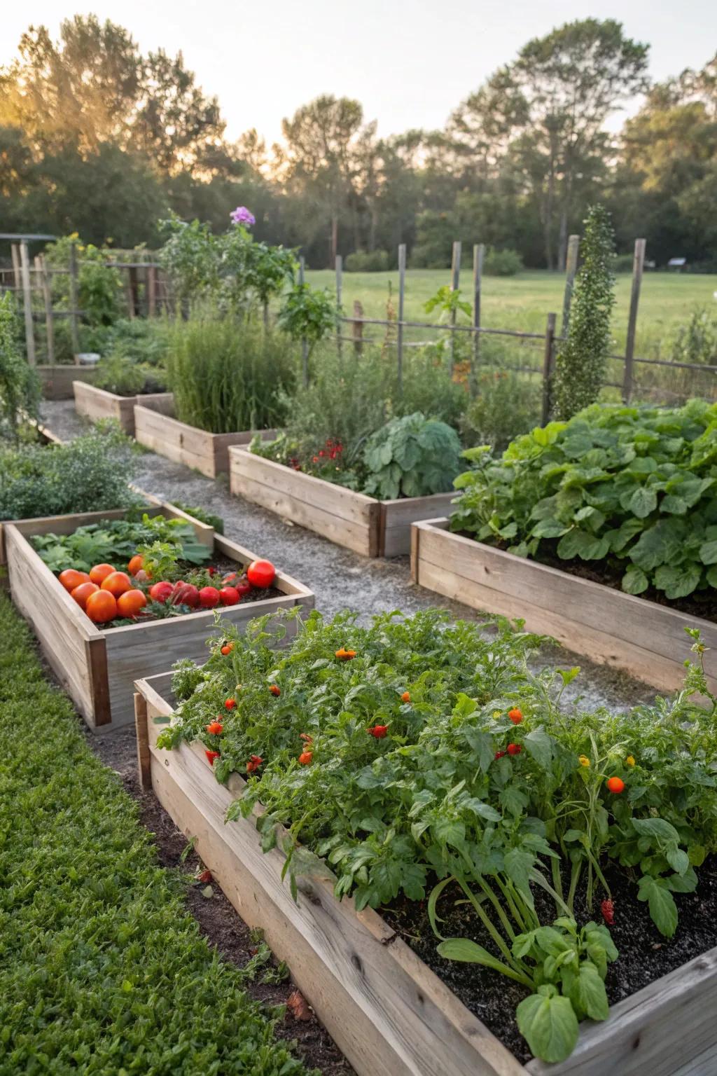 Raised garden beds offer convenience and organization for gardening.