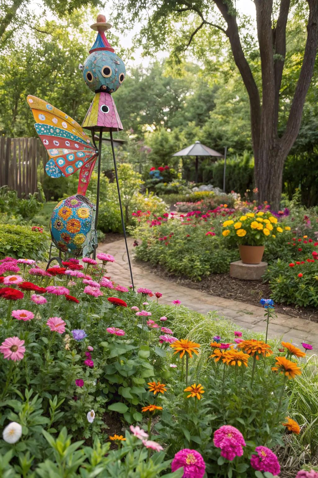 Whimsical art pieces add personality to the garden.
