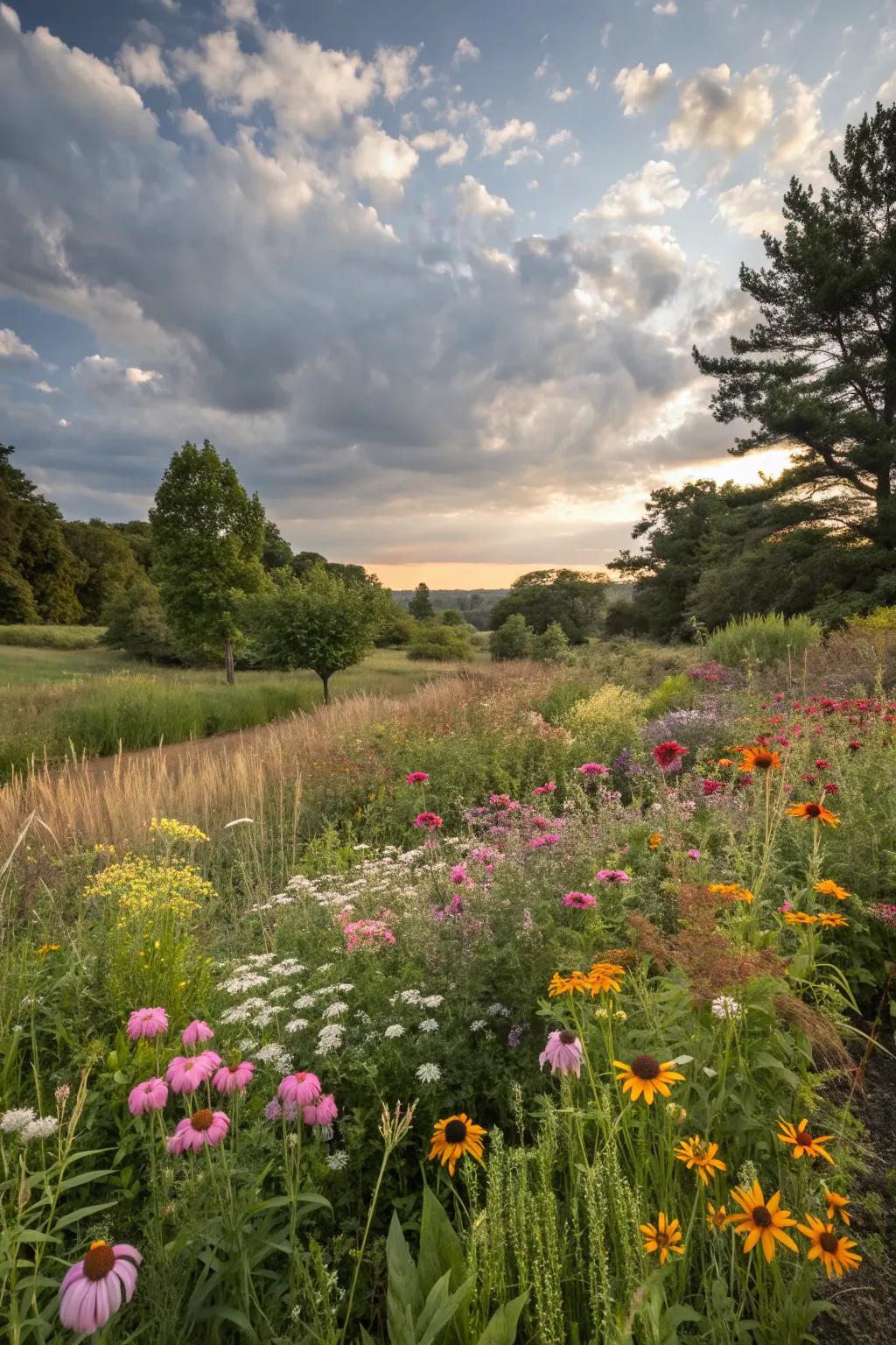 A vibrant wildflower meadow teeming with pollinators.