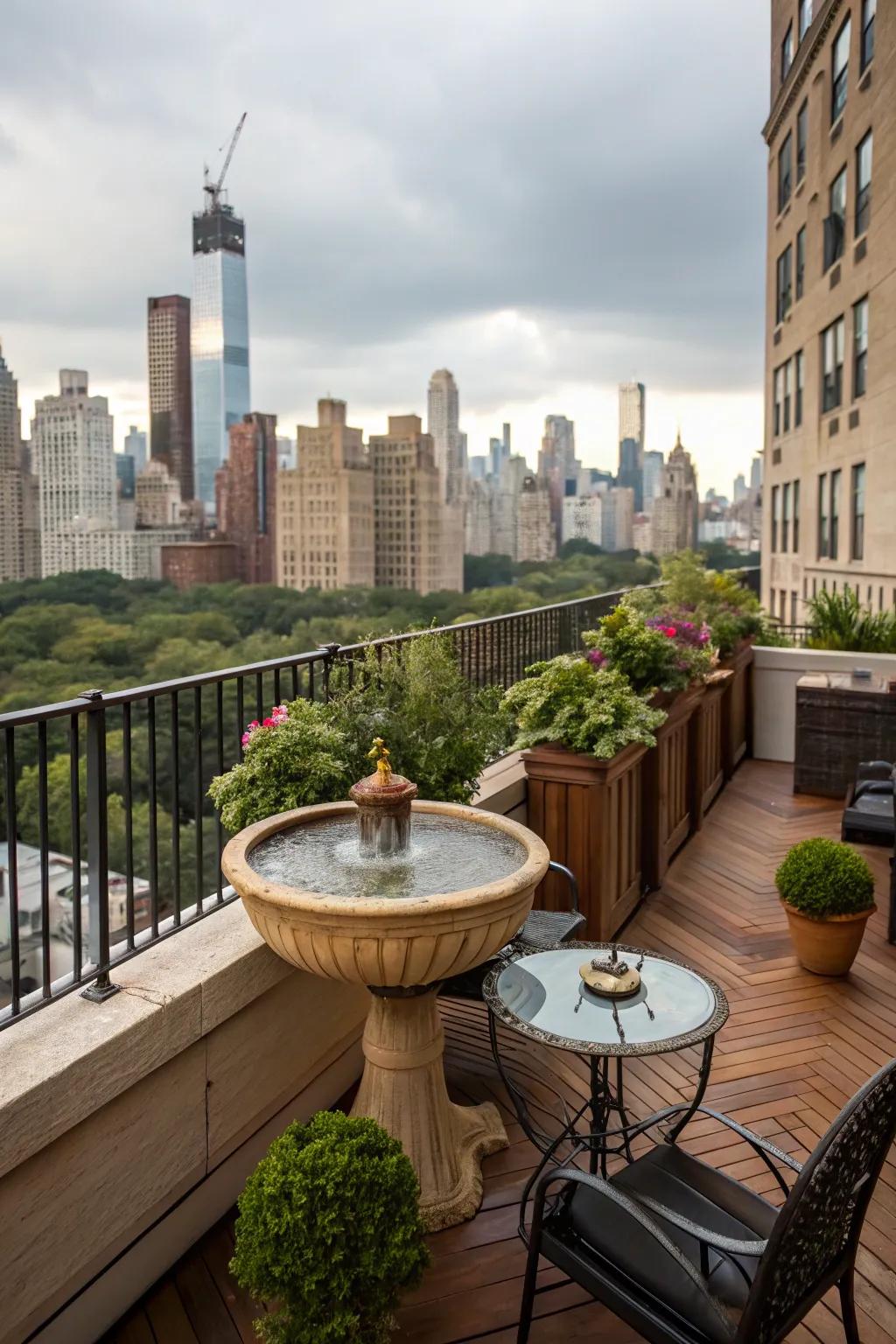 A tabletop fountain brings tranquility to a NYC balcony.
