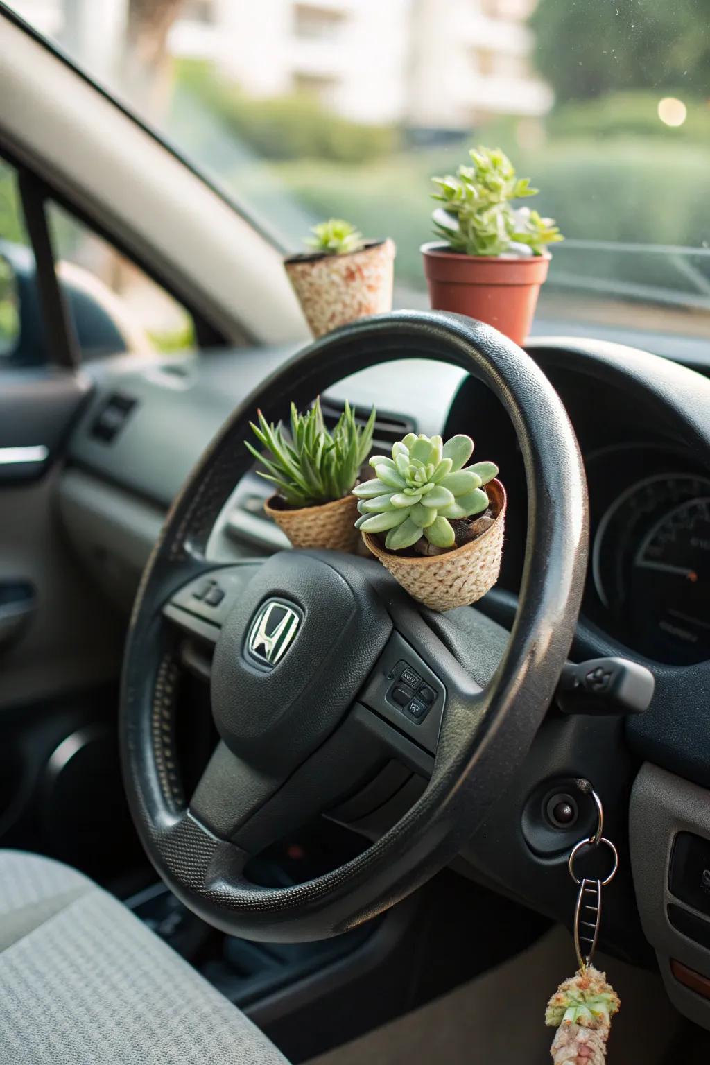 A car's steering wheel adorned with charming succulents.