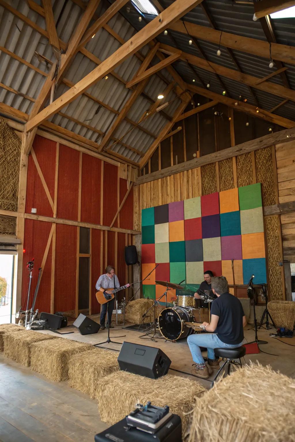 A harmonious music rehearsal room within a barn.