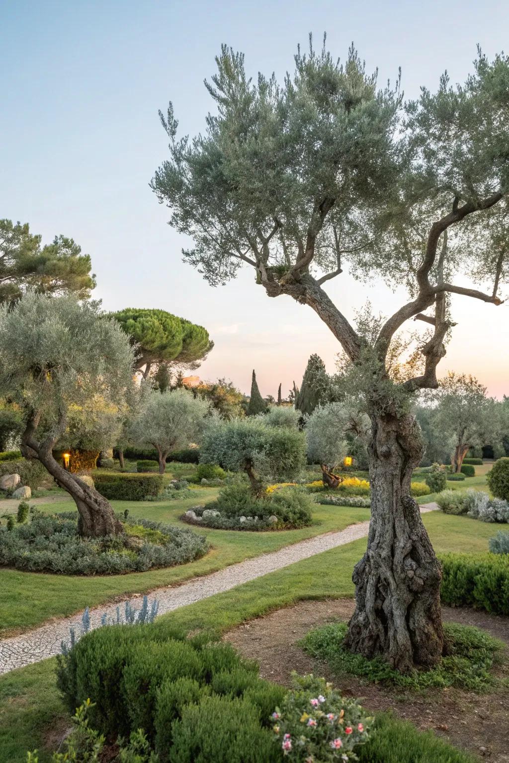 A garden showcasing a variety of olive tree shapes.