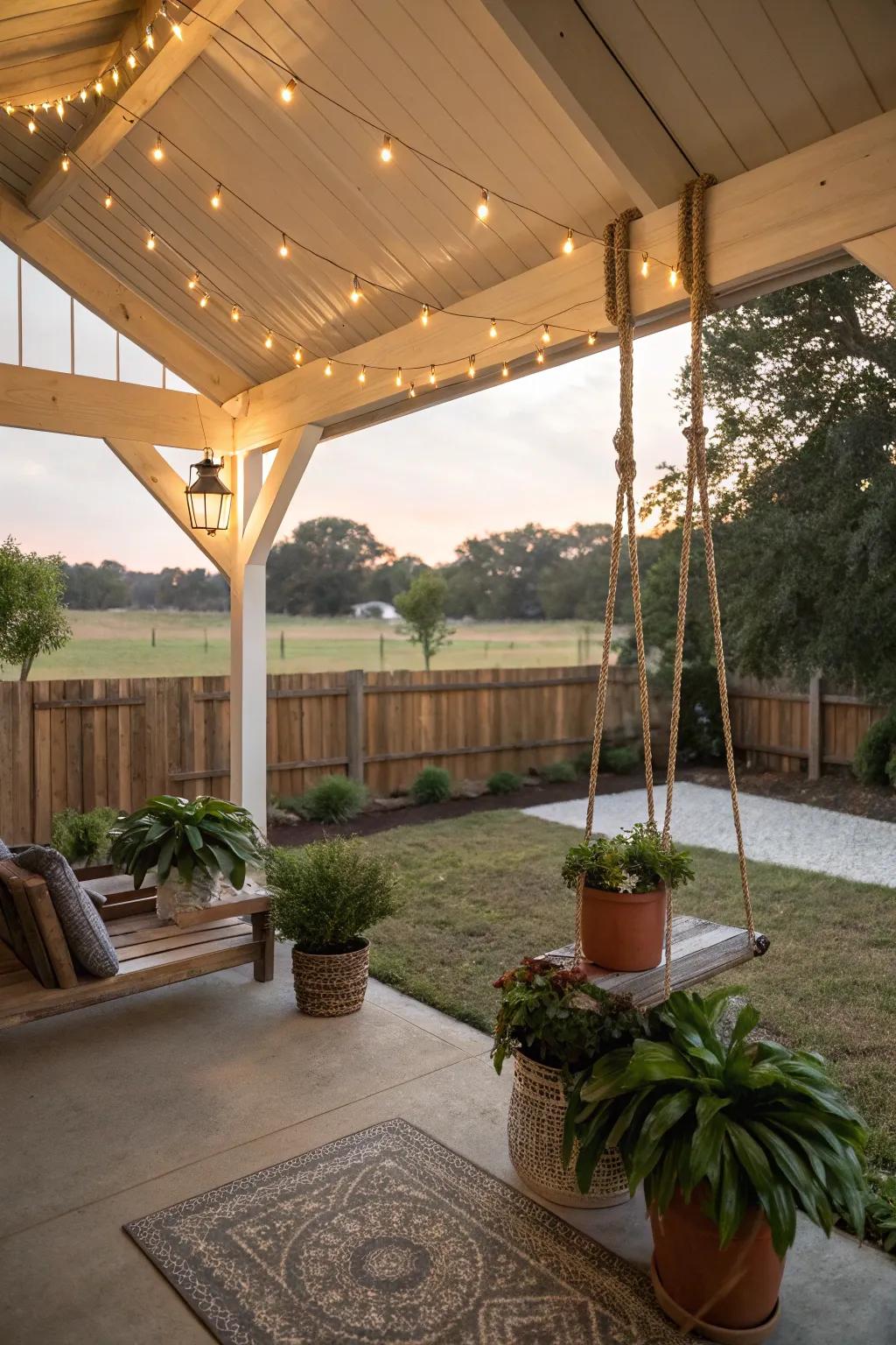 A rustic swing adds whimsy and relaxation.