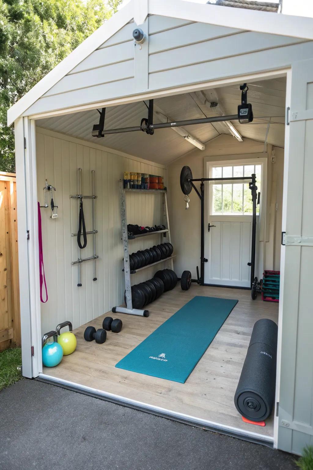 A compact mini gym in an open shed.