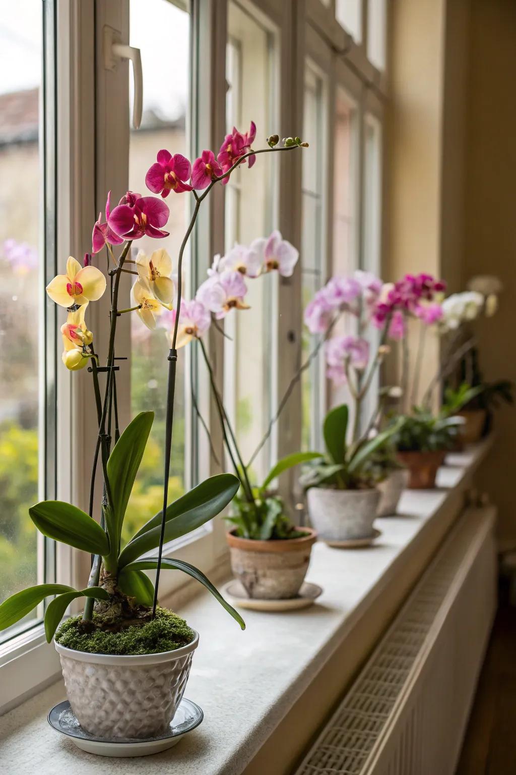 Orchids in the window create a sunlit floral display.