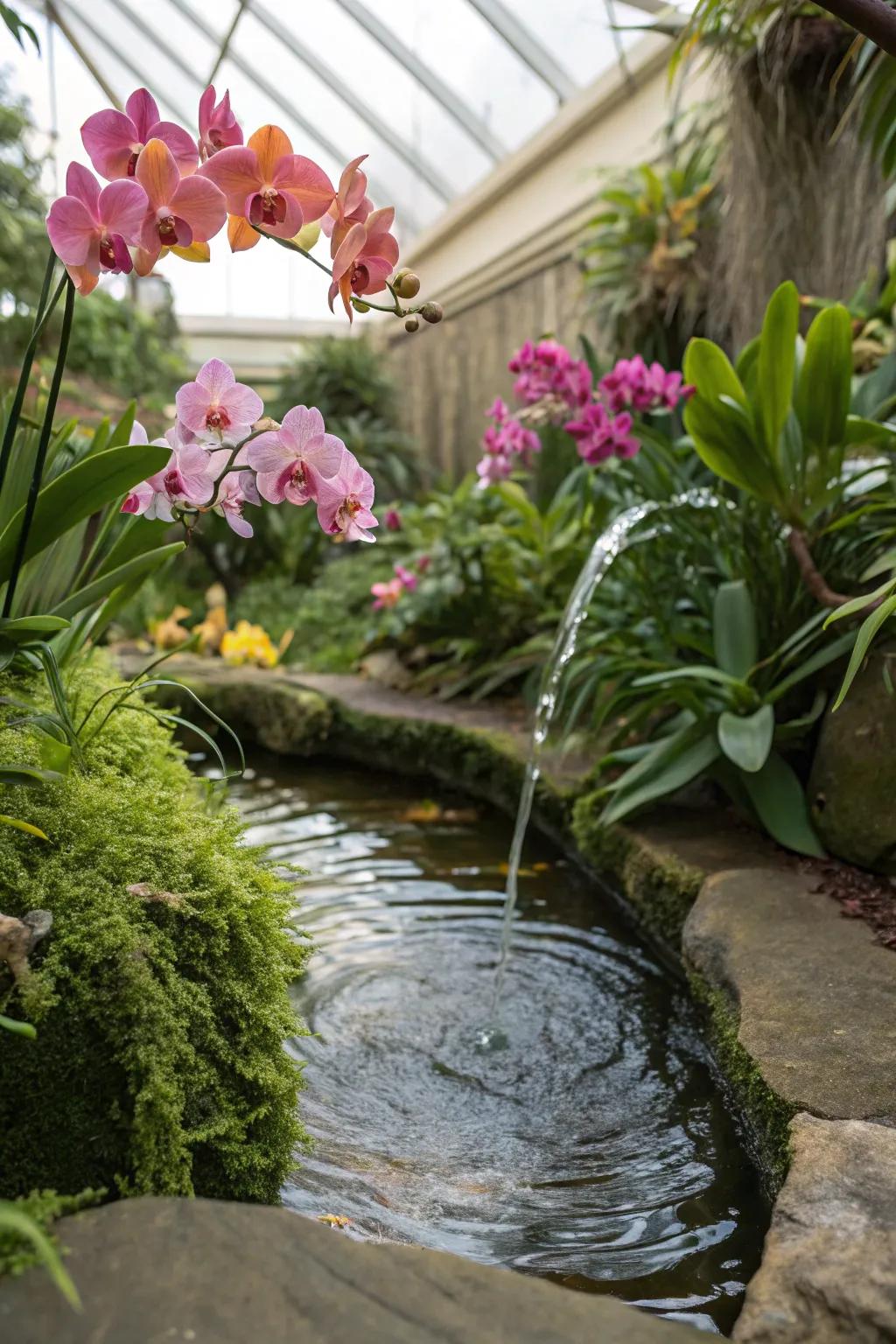 A water feature enhancing humidity and tranquility in an orchid shade house.