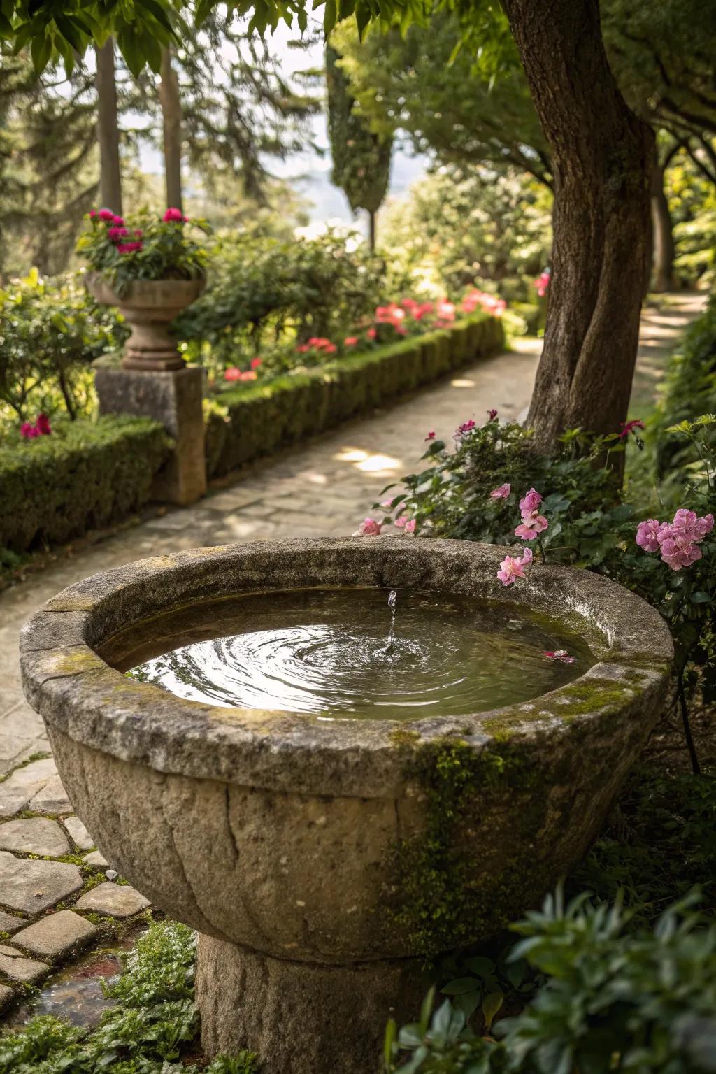 A traditional stone water basin, a beautiful garden focal point.