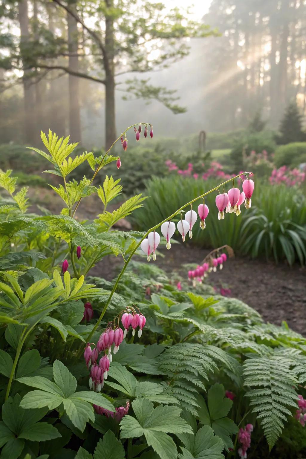 Bleeding Heart and ostrich ferns create a romantic garden scene.