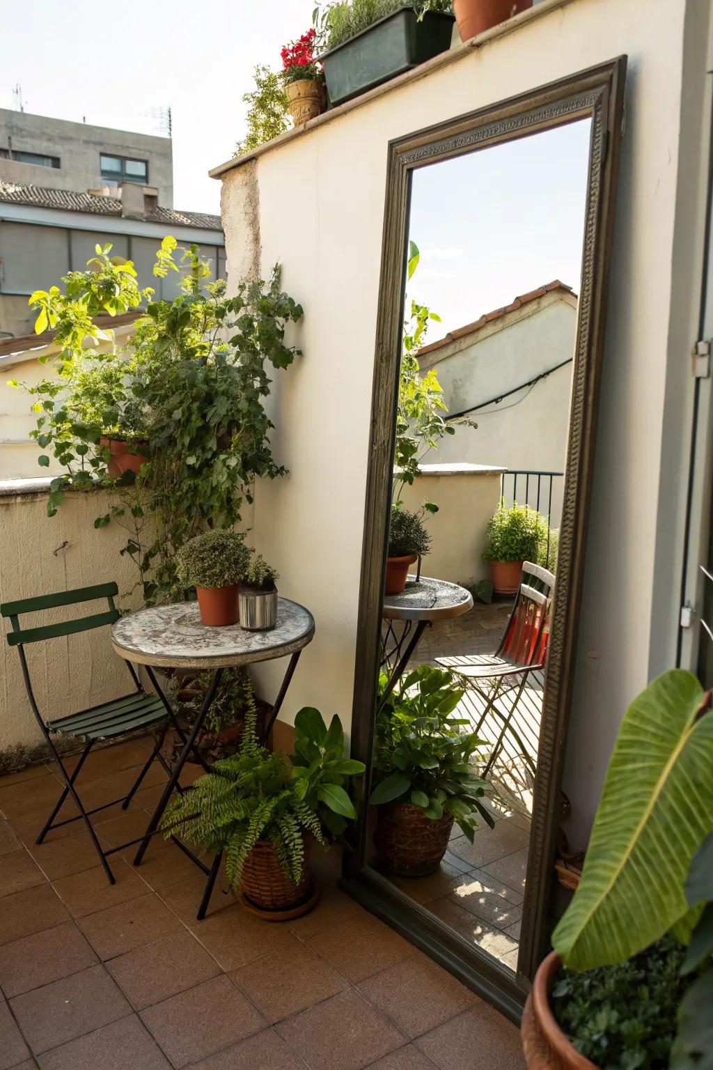 A mirror expands the visual space of this cozy patio.
