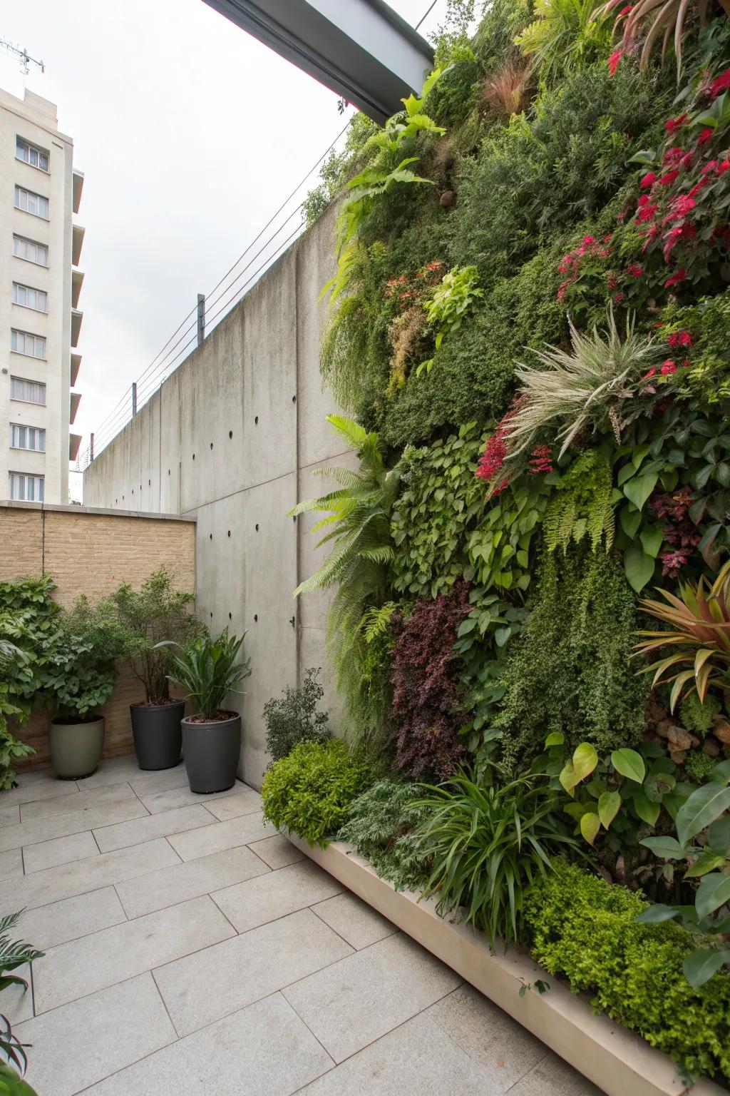 A vertical garden brings greenery to small outdoor areas.