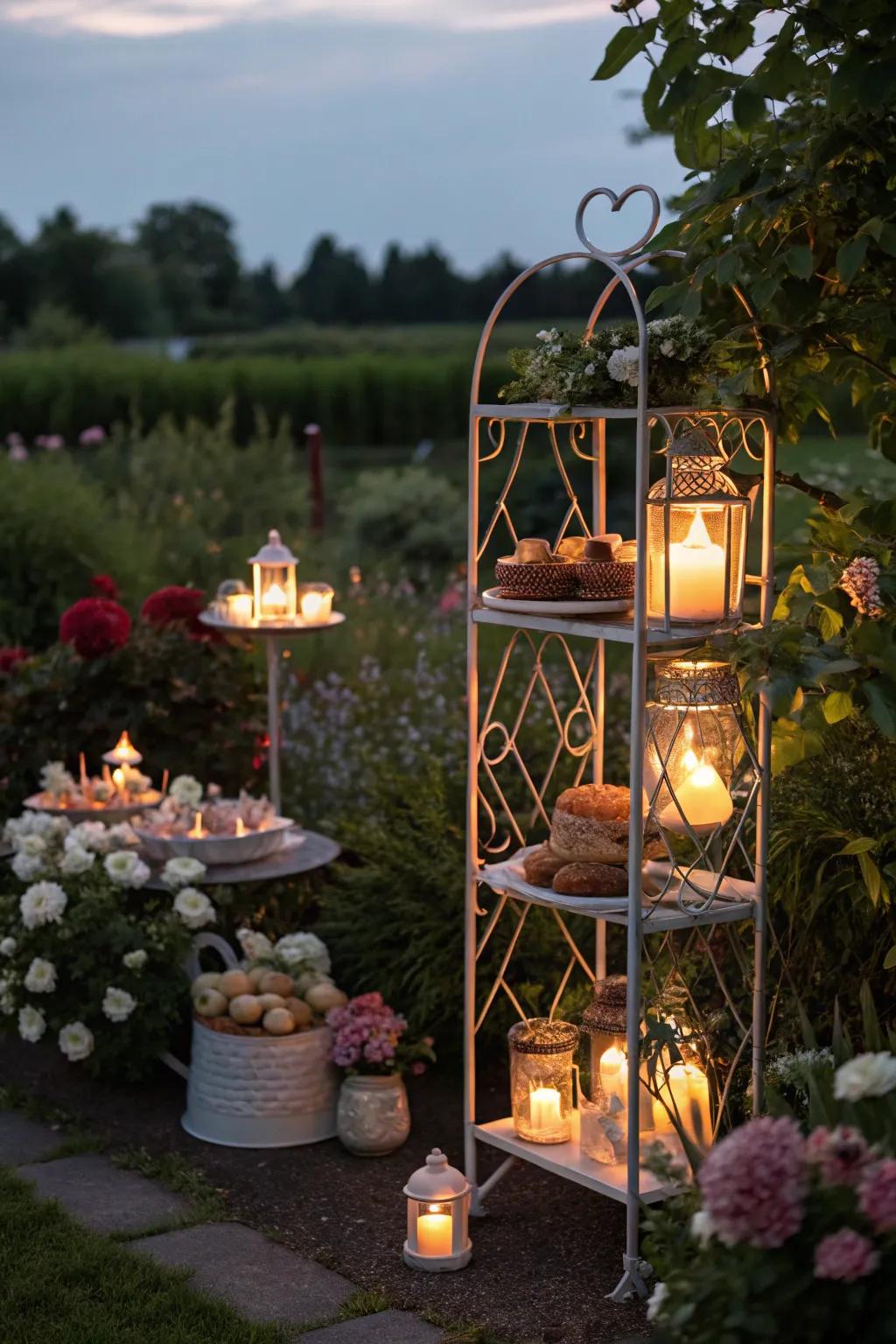 A magical glow from lanterns on a baker's rack, enhancing the garden ambiance.