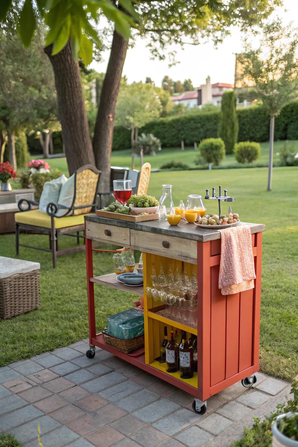 A portable bar station adapts to any outdoor setting for flexible fun.