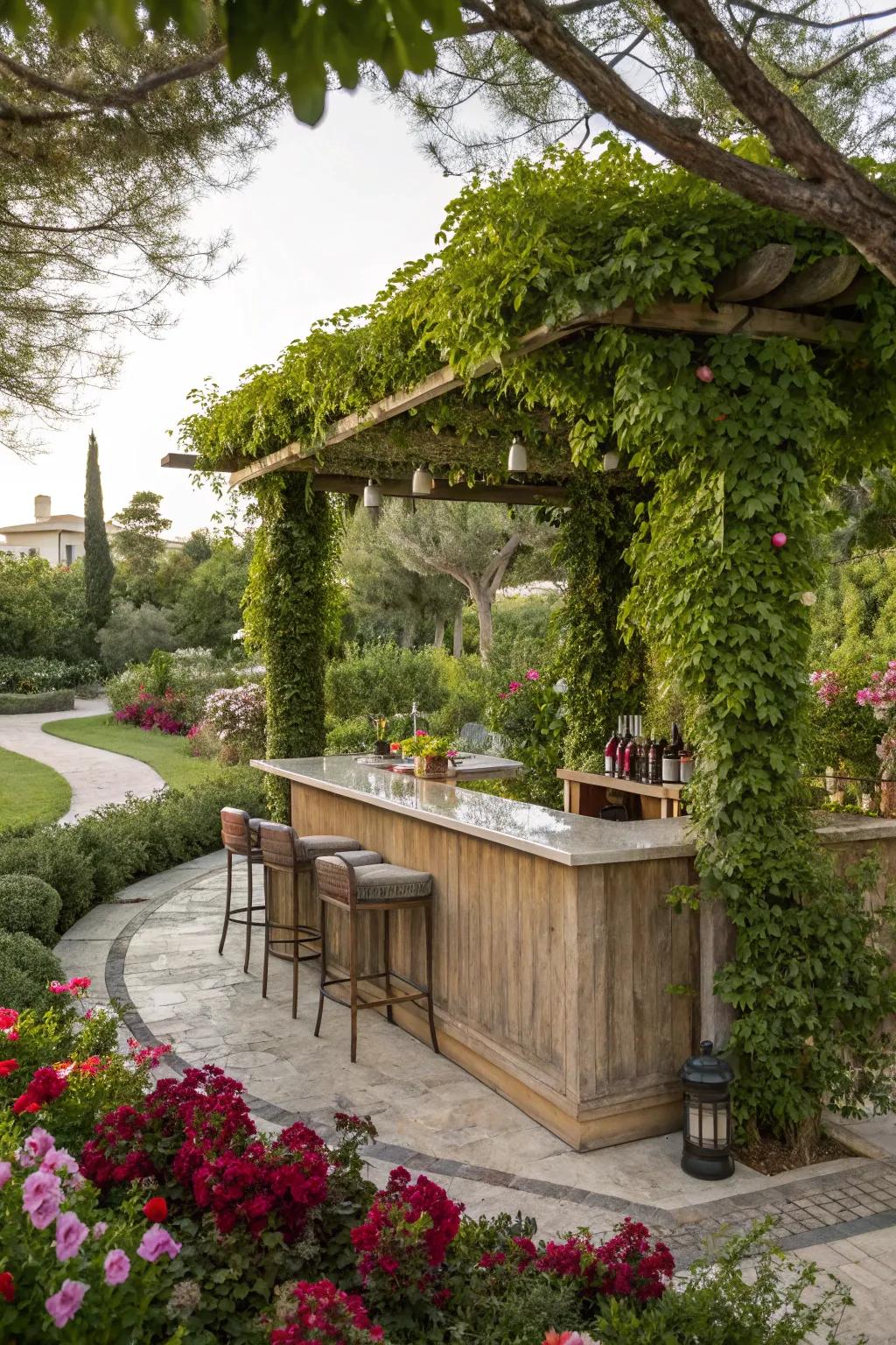 A trellis with vines provides a living, seasonal cover for your outdoor bar.
