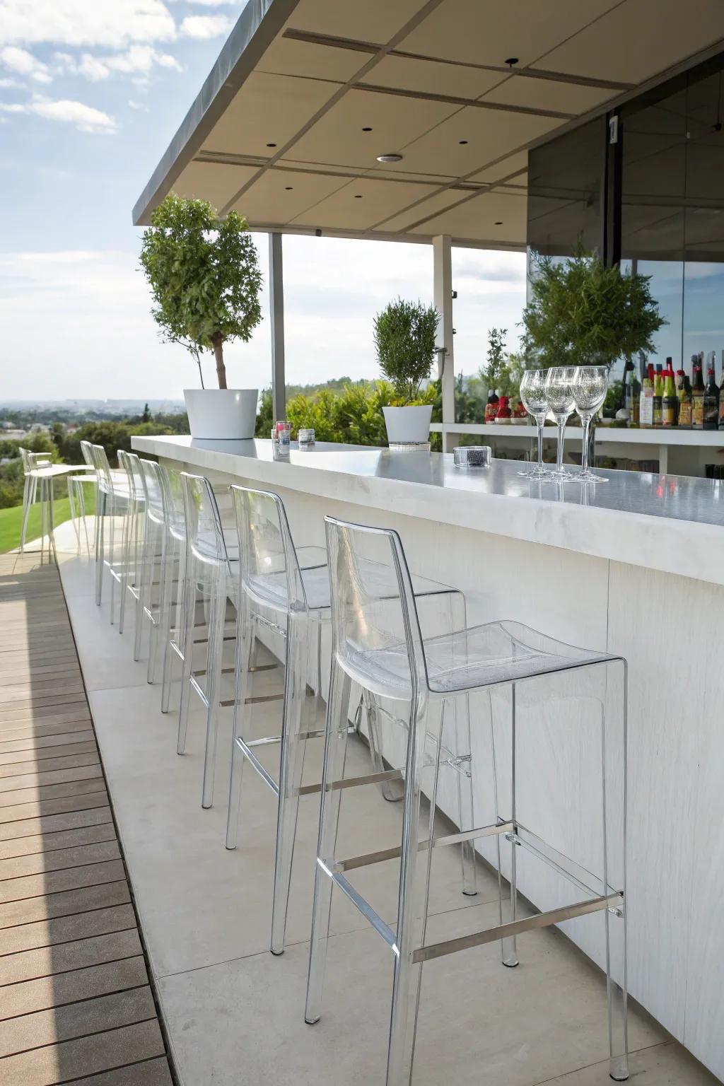 Add a modern twist with transparent bar stools in your outdoor space.