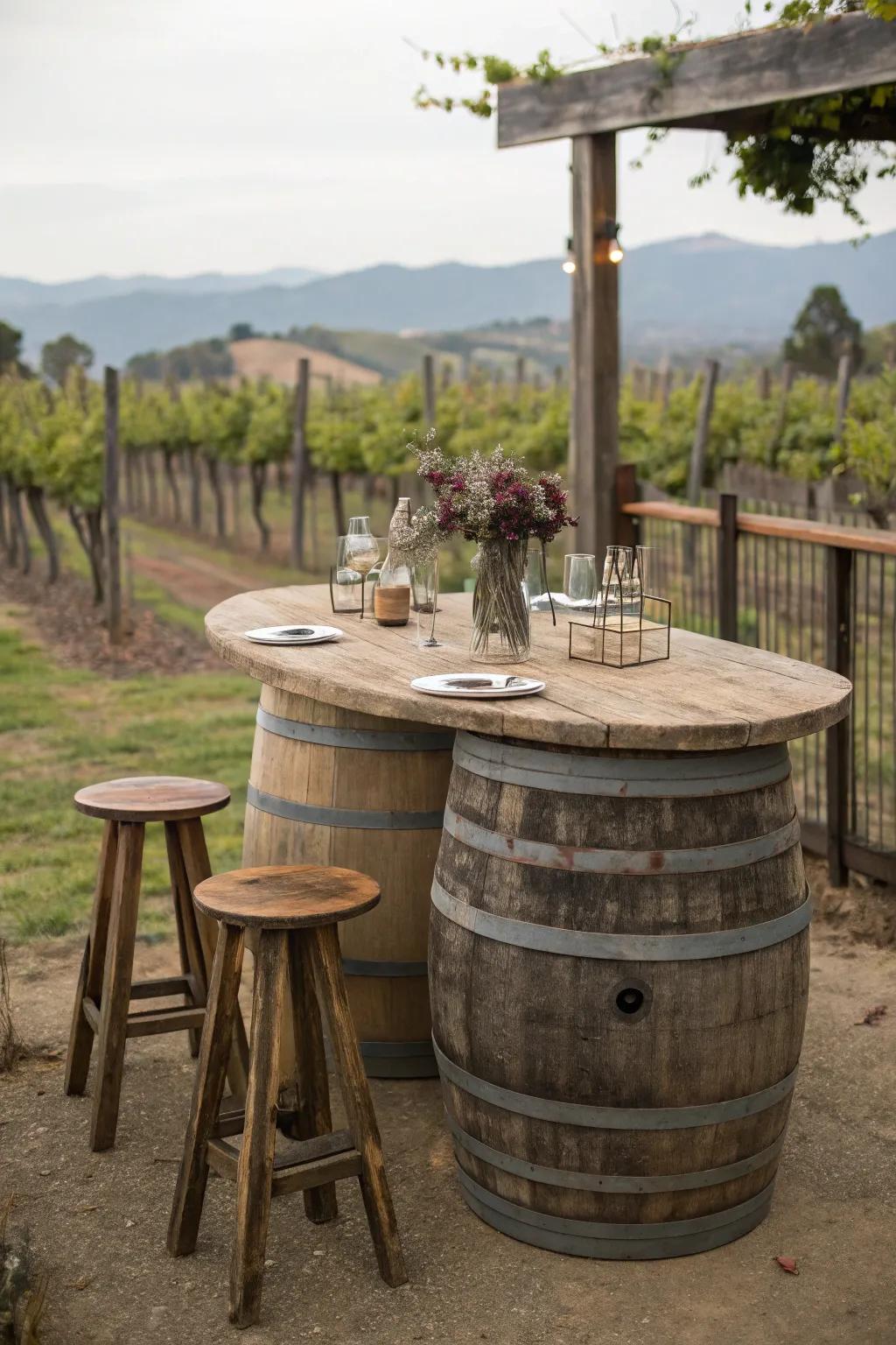 Rustic charm with a vintage barrel bar table.