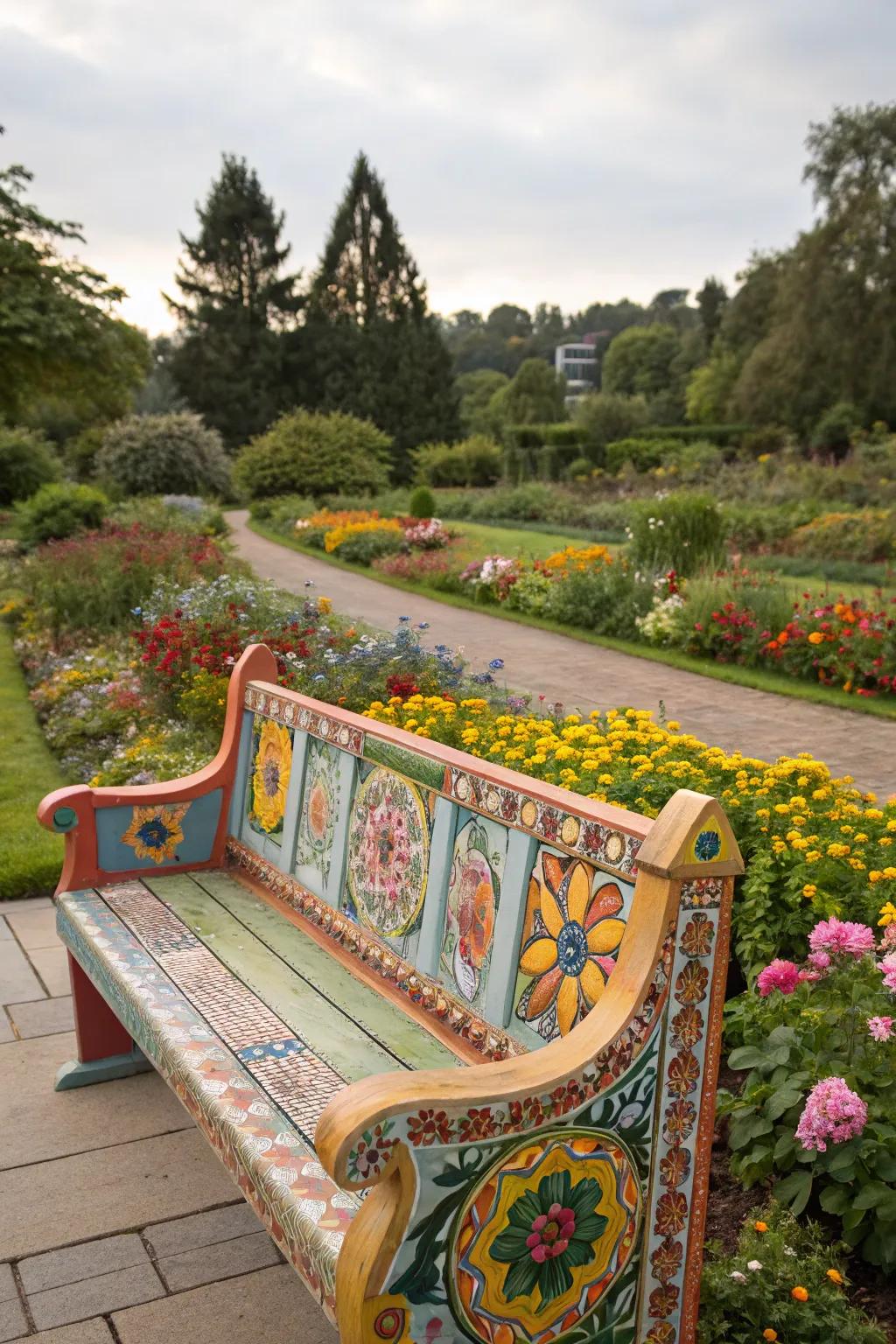 A bench with hand-painted patterns, adding a creative flair.