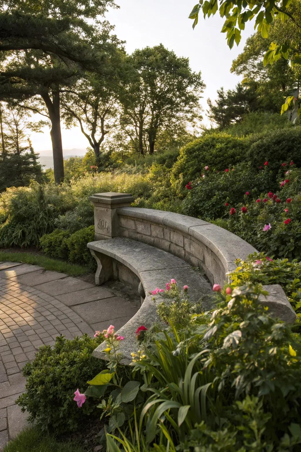 Stone benches bring a sense of permanence and natural beauty to gardens.
