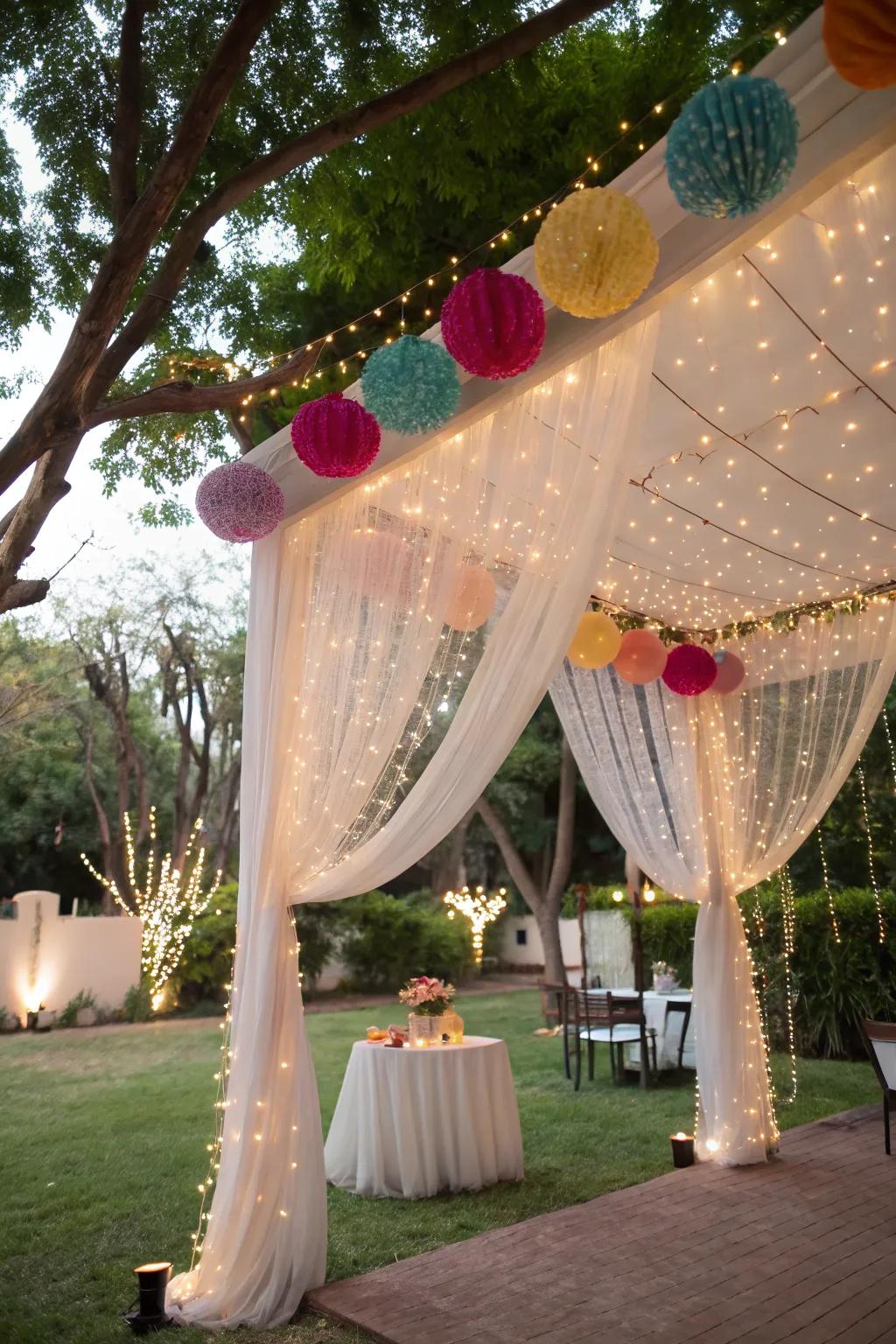 An enchanting canopy setup for an intimate celebration space.