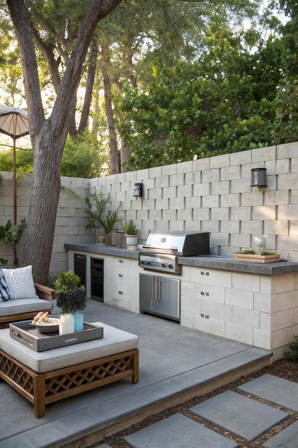 A stylish outdoor kitchen with breeze block elements