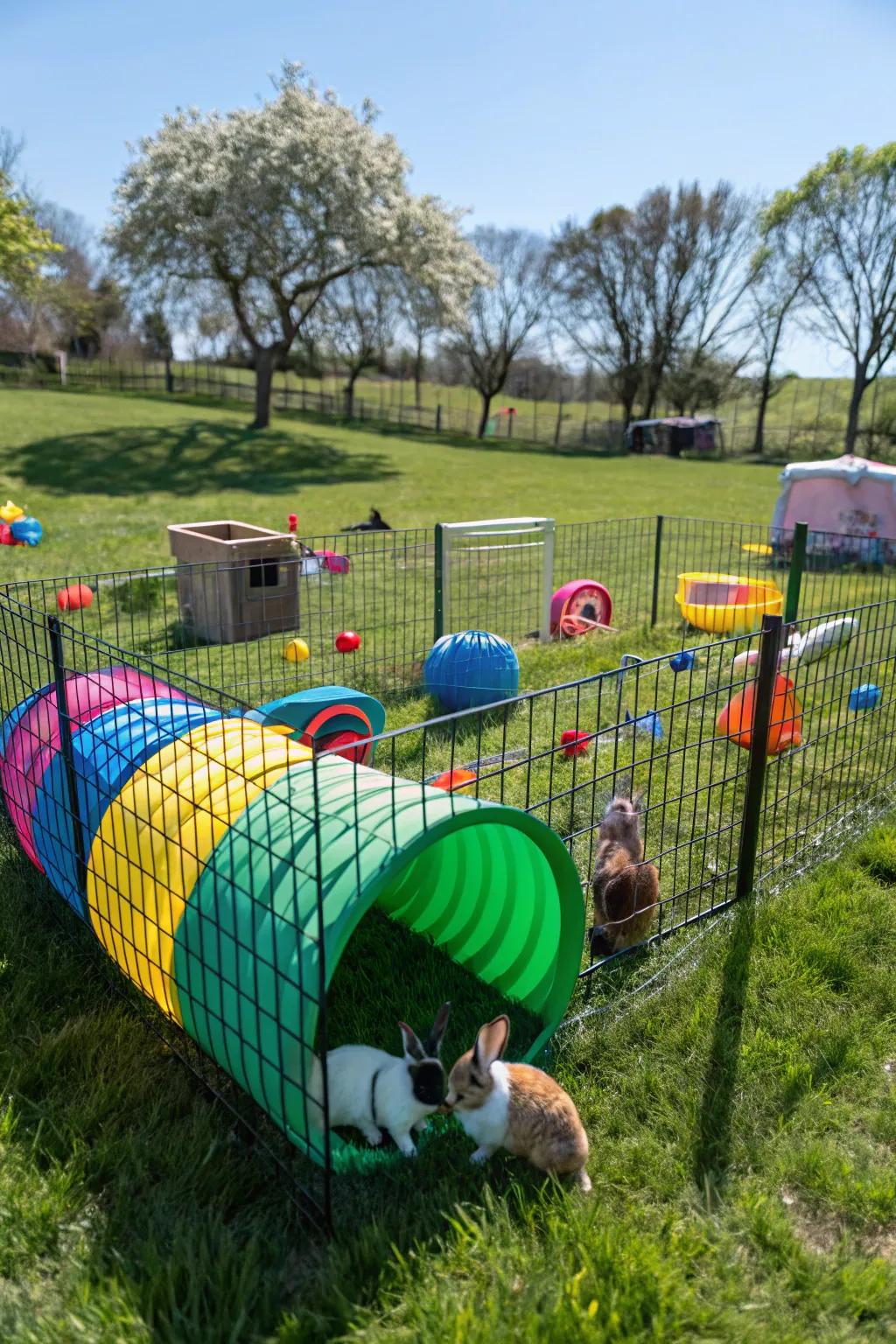 A fun-filled bunny cage with an integrated toy zone.