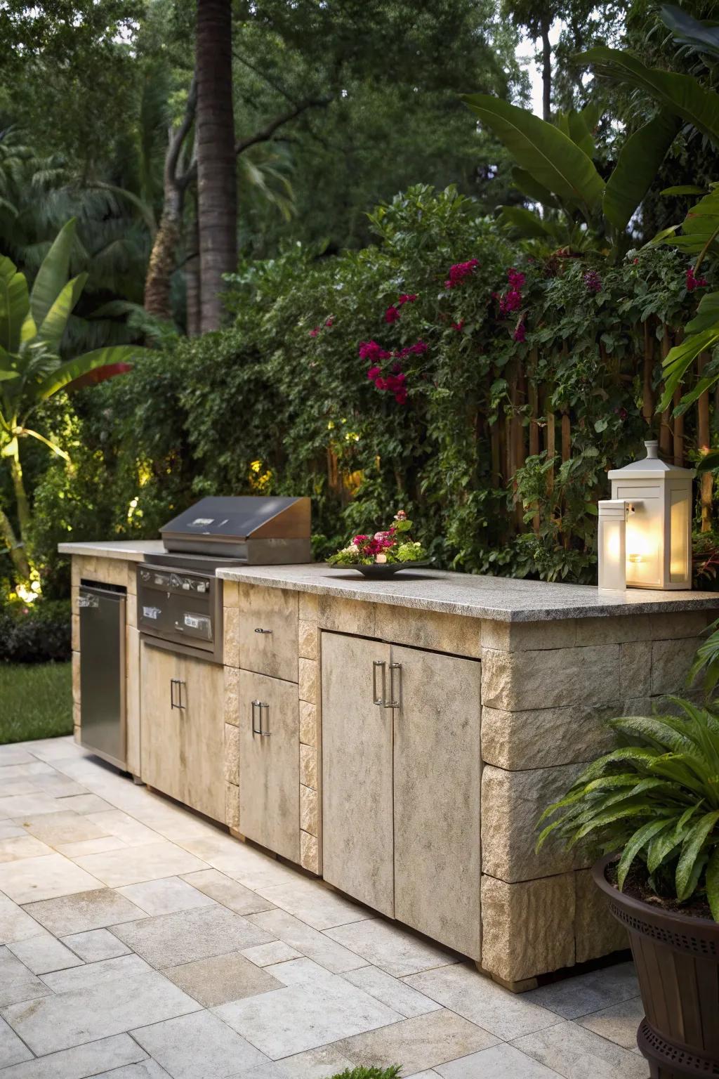 Embrace the rugged beauty of stone with cabinets that complement your garden's natural charm.